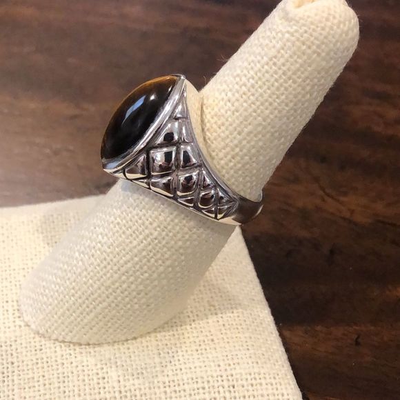 Vintage Cross Hatch Sterling Silver Marquise Cut Tigers Eye Ring Sz 6-3/4 - Picture 5 of 9